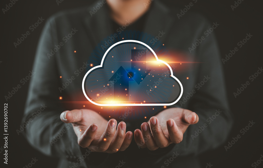 Aufkleber Businessman holding virtual cloud computing on hand with connection line. Cloud computing is a system for sharing download and upload big data information.