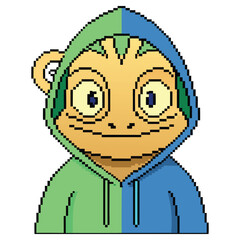 Pixel Art Bear Character with Blue Green Hoodie on Transparent Background
