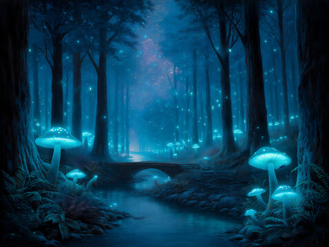 name: bioluminescent forest at night, - Powered by Adobe