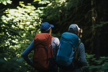Hikers with backpacks walk a forest trail. Lush green foliage surrounds