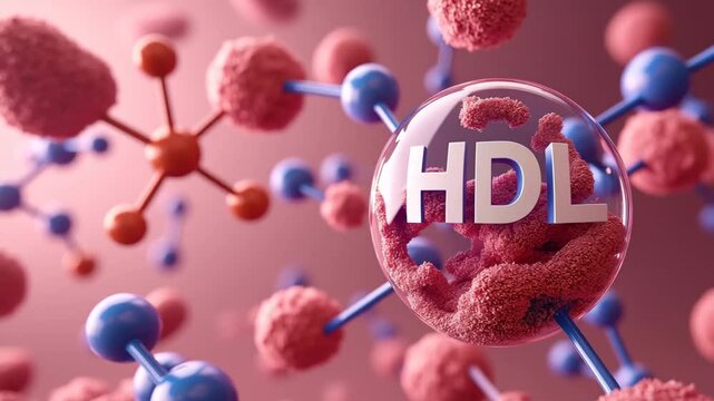 Close-up of HDL carrying away cholesterol, simplified molecule animation