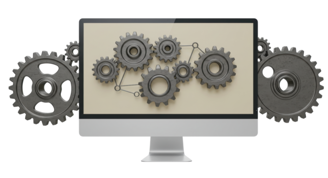 Isolated Connected Gears on Computer Screen with Peripheral Gears