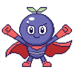 Pixel Art Blueberry Hero Cartoon with Red Cape on Transparent Background Design
