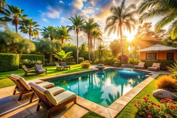 Fototapeta premium Escape to Paradise A Luxurious Backyard Oasis Featuring a Sparkling Swimming Pool Hot Tub and Tropical Palm Trees