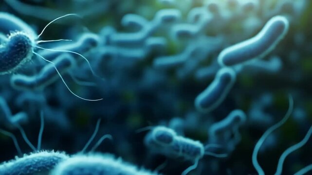 Microscopic view of E. coli bacteria moving via flagella, high-detail render