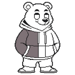 Relaxed Bear Pixel Art in TwoTone Hoodie Digital Design on White Background