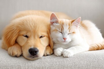 A dog and a cat napping together on a soft couch