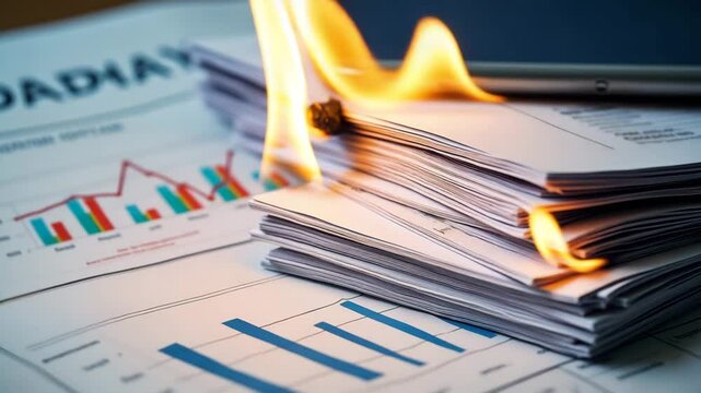 Stack of import-export documents burning at the edges, dramatic economic tension concept






