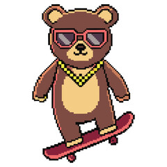 Pixel Art Brown Bear with Sunglasses and Gold Chain on Skateboard Isolated