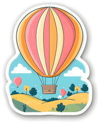 Fototapeta premium A playful and whimsical sticker of a simplified hot air balloon with bright stripes floating over rolling hills, designed in soft pastel tones, flat colors, clean outlines, bold lines, and a white bor