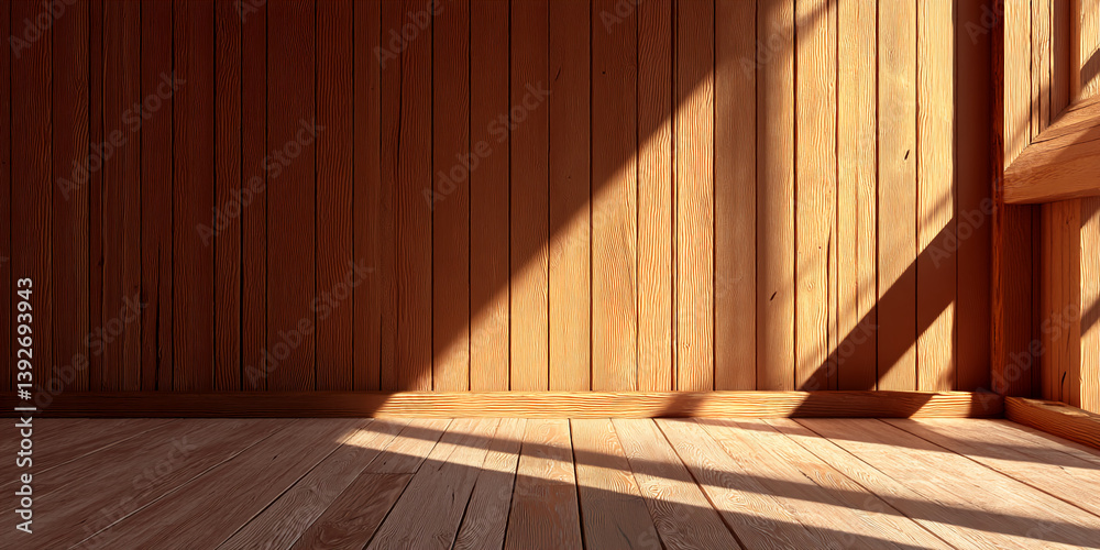 Poster wooden wall and floor with sunlight creating shadows, showcasing a rustic and warm atmosphere ideal 