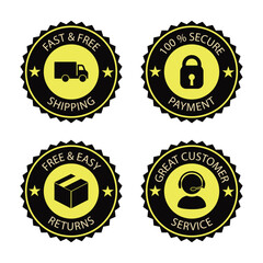 Set of four black and yellow e-commerce badges highlighting fast shipping, secure payment, easy returns, and great customer service. Ideal for online store banners, websites, and promotional use.