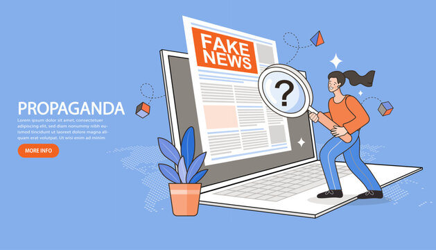 Check the truth and do not share fake news. Female hand holding newspaper and headline Fake News. False Info Fabrication Concept with Cartoon Characters. Vector Illustration.