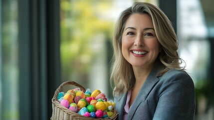 Mature businesswoman by office window smiling with colorful candy basket