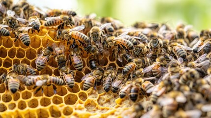 Honeybees swarming honeycomb for nature closeup.