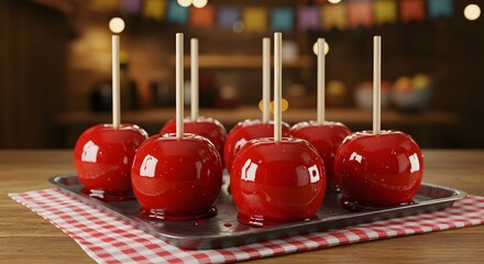 Captivating scene of a tray filled with glossy, vibrant red candy apples, artfully arranged on a checkered cloth. Capturing the sweetness and festive atmosphere.
