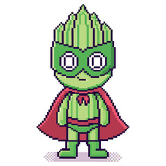 Pixel Art Celery Character With Cape and Mask Isolated on Transparent Background