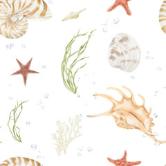Obraz premium Seashells and wavy algae, seamless pattern. Watercolor illustration. Corals, starfish and underwater spiral shells, isolated on a white background. Elements of the underwater world