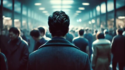 Man from behind in crowded indoor scene with shallow focus and blurred background
