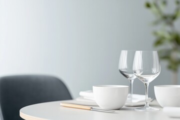 Fototapeta premium solitary immaculately set table in cozy cafe corner showcasing elegant tableware with minimalistic design