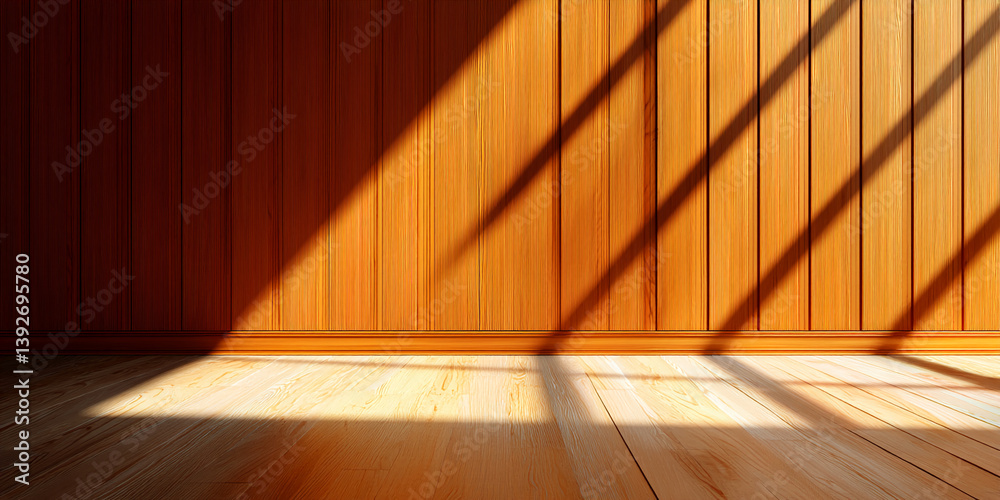 Poster sunlight streams across light wood floor and wall, creating diagonal shadows on warm-toned wood pane