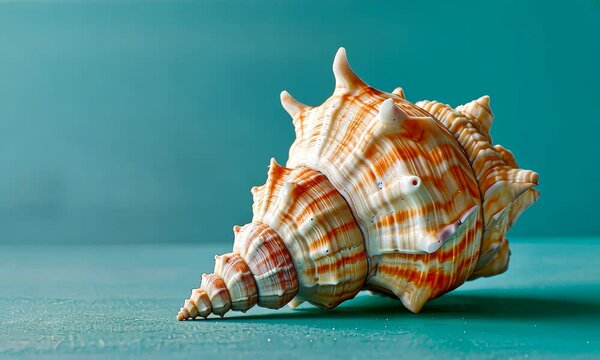 Large orange and white conch shell on aqua background