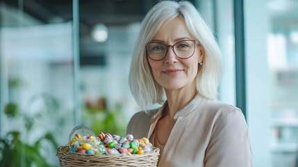 Middle-aged woman posing with candy basket against glass office backdrop