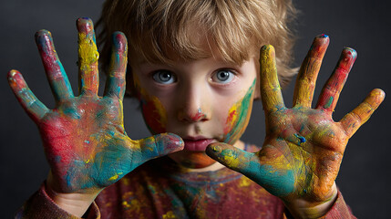 Boy with paint on hands showing palms proudly art class