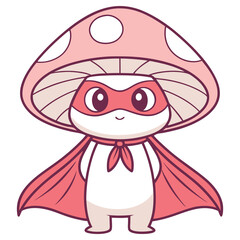 Cute Mushroom Cartoon Character Wearing Mask and Cape on a Transparent Background