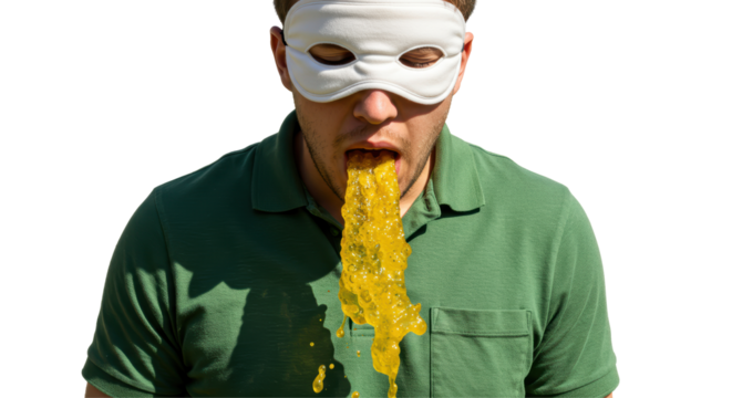 Isolated Man with Blindfold Vomiting Yellow Substance