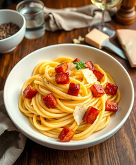 Fototapeta premium Delicious Carbonara Spaghetti - Italian Cuisine with Parmesan & Salumi | Mouthwatering Comfort Food and Culinary Delight