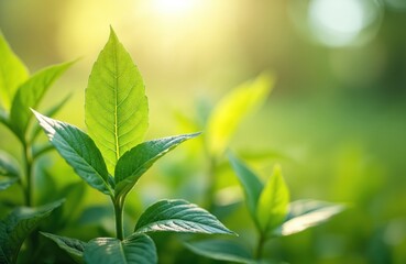 Obraz premium Green leaf sunlight natural background. Blurred plants garden, sunlight, ecology, natural wallpaper concept. Sunny day spring growth. Eco fresh environment, new life. Beautiful leaf, fresh leaves on