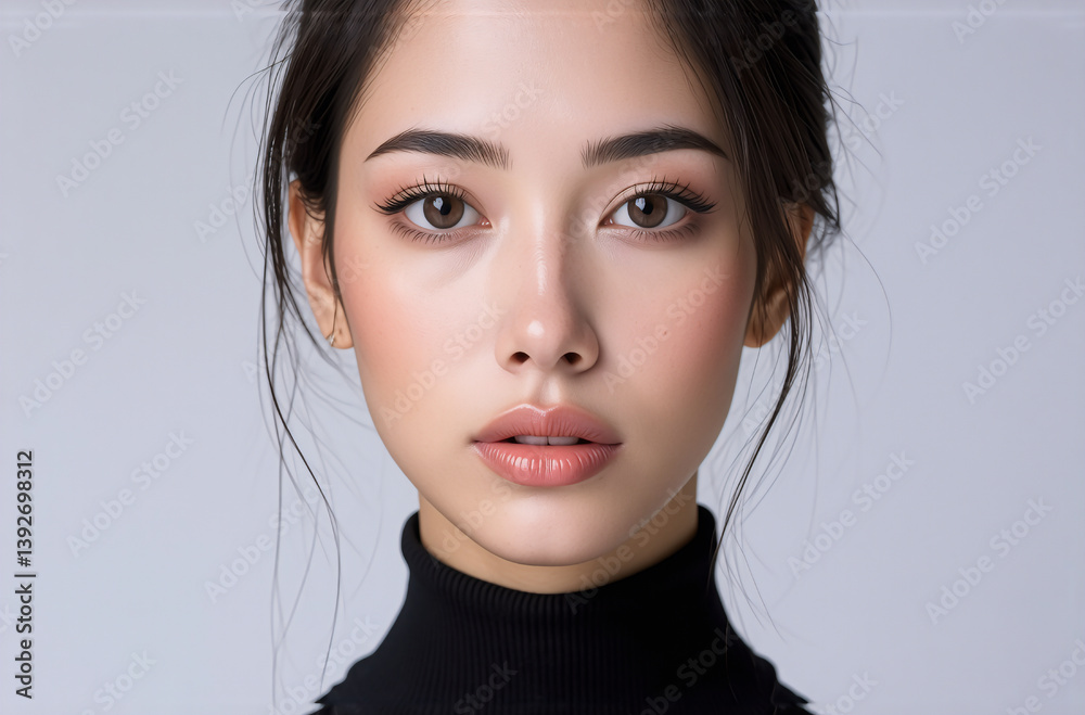 Poster a stunning face with soft features is centered against a plain background. the beautiful person with