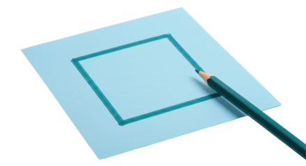 Isolated Blue Sheet of Paper with Drawn Square and Green Pencil