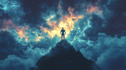 Silhouetted figure stands atop a mountain peak during a thunderstorm