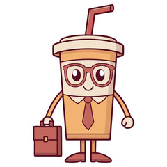 Cartoon Coffee Cup Character Holding Briefcase Wearing Glasses and Tie
