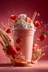 Strawberry milkshake splashing against a red backdrop