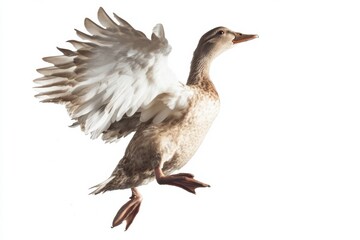 Obraz premium Duck in mid-air leap with wings spread, capturing a playful moment against a white backdrop