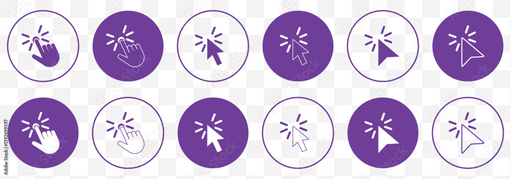 Aufkleber Purple mouse click pointer icon set. mouse cursor icon set. mouse cursor hand pointer. arrow pointer set. vector illustration on transparent background. EPS 10.