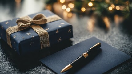 Detailed view of a fancy gift card and a fine pen on a polished table, showcasing a clean and minimalist design