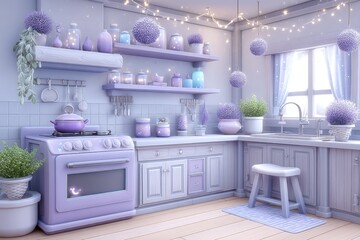 Fototapeta premium A fantasy kitchen with floating ingredients, a magical cookbook, and a glowing cauldron on the stove