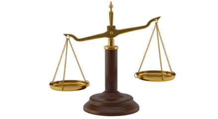 Isolated Golden Scale of Justice Balancing on a Wooden Base