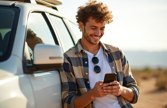Smiling young man using smartphone leans against car. Caucasian male with curly hair smiles while texting outside. Modern tech, mobile phone, app, road trip, adventure. - Powered by Adobe