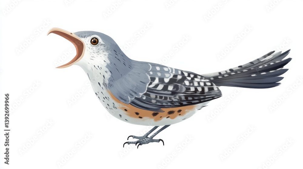 Aufkleber Cuckoo bird calling with open beak and expressive feathers centered against a white background