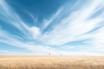 Fototapeta premium tranquil rural landscape featuring distant people captured with soft bokeh enhanced by copy space