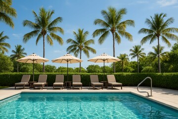 Fototapeta premium Serene Poolside Oasis with Palm Trees and Comfortable Loungers