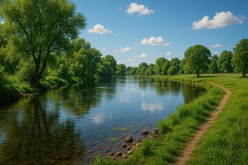 Serene Riverside Scenery with Lush Green Trees and Clear Sky