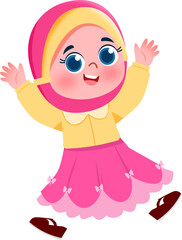 Joyful Girl in Pink Hijab and Dress, Cheerful Cartoon Illustration