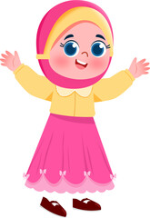 Joyful Cartoon Girl in Pink Hijab and Dress, Arms Raised