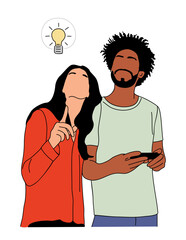 Young couple using smart home application on the phone for remote lighting control. IOT technology concept. Vector simple outline illustration isolated on white background.